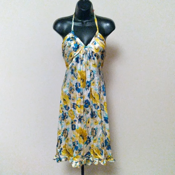 VINTAGE BETSEY JOHNSON Yellow, Blue, White Floral Silk Halter Style Dress, sz 8 - Picture 1 of 11